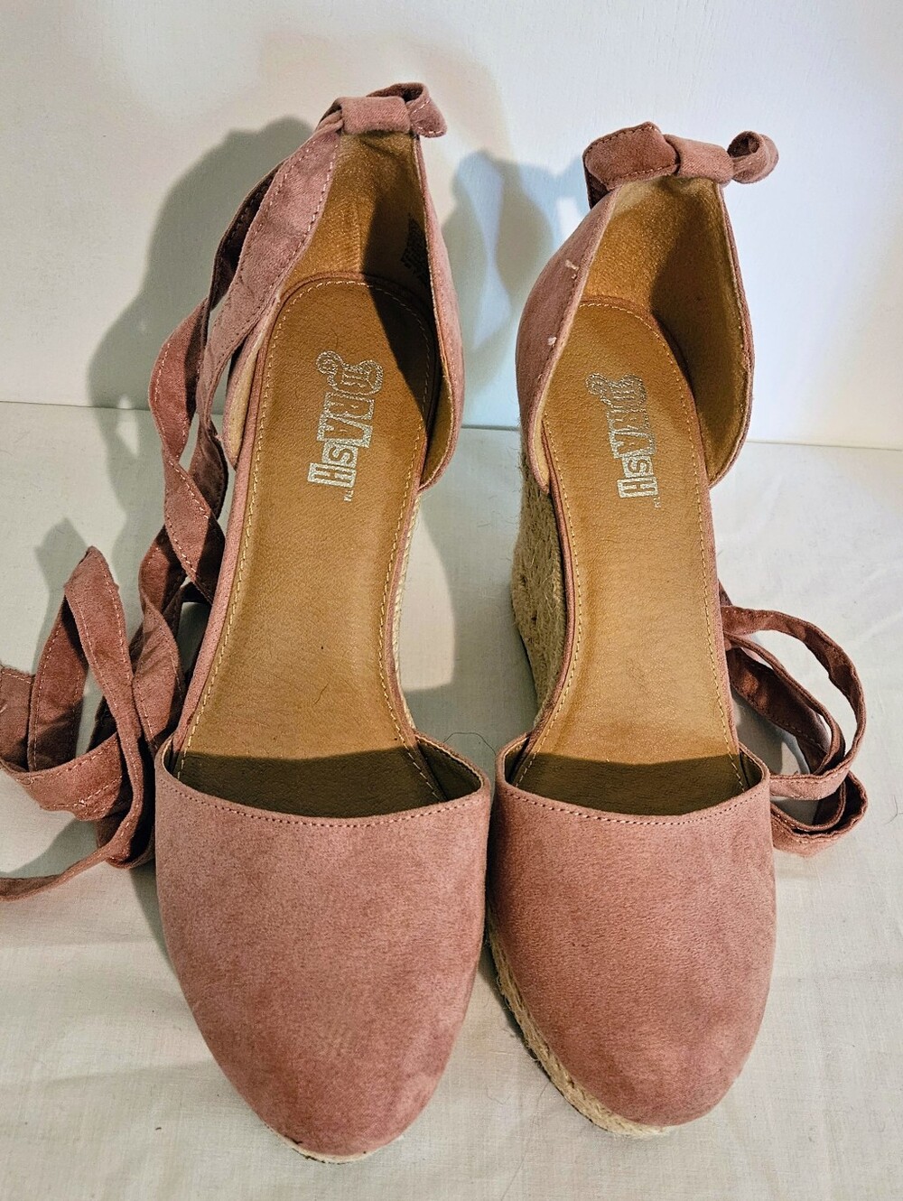Brash Escape Dusty Rose Mauve Faux Suede Espadrille Wedge Sandals Ankle Tie 7.5